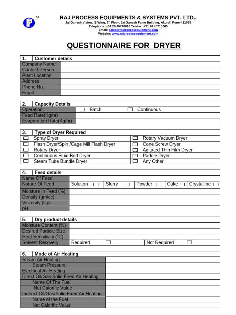 Combi-Zone Dryer Questionnaire | PDF
