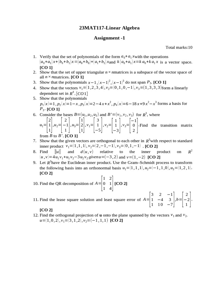 Linear Algebra Assignment 1 Solutions | PDF | Algebra | Operator Theory
