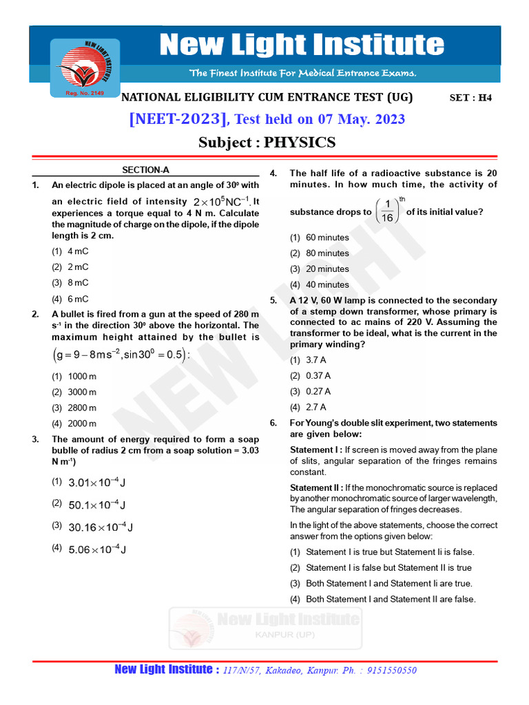 NEET 2023 Physics Question Paper | PDF | Electronvolt | Rectifier