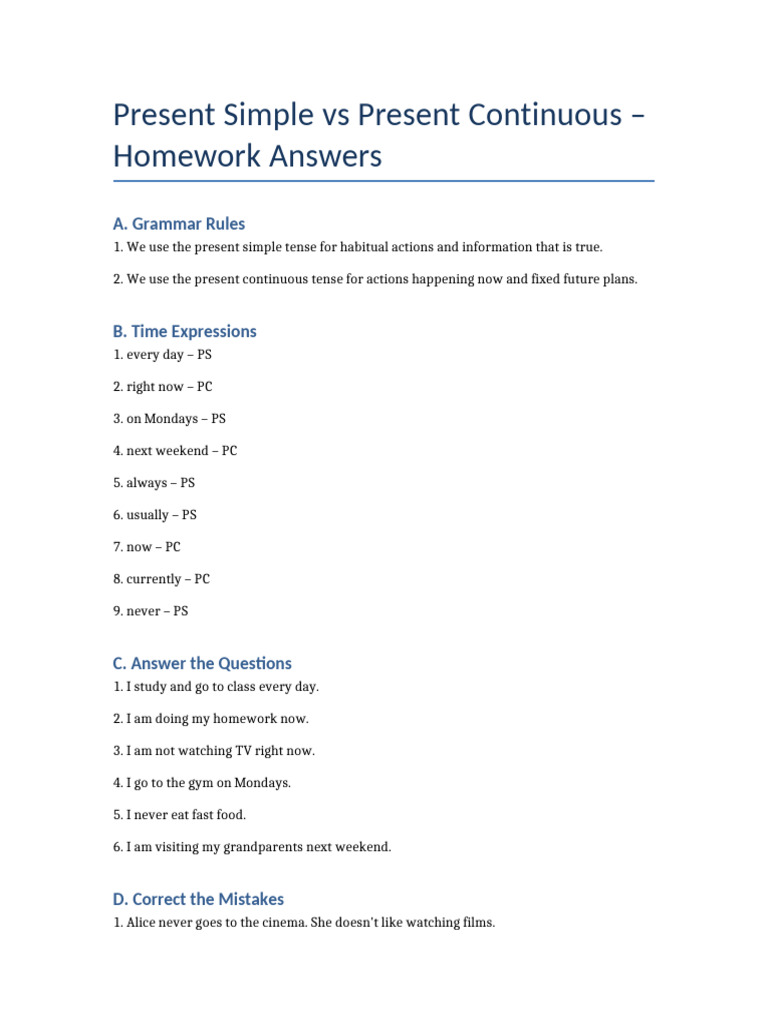 Present Simple Vs Progressive Homework | PDF