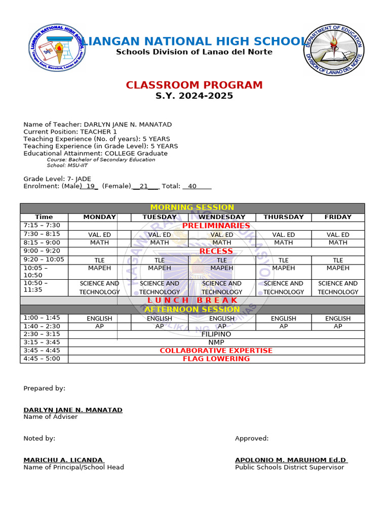 Class Program 2019 2020 | PDF | Learning | Human Life Stages