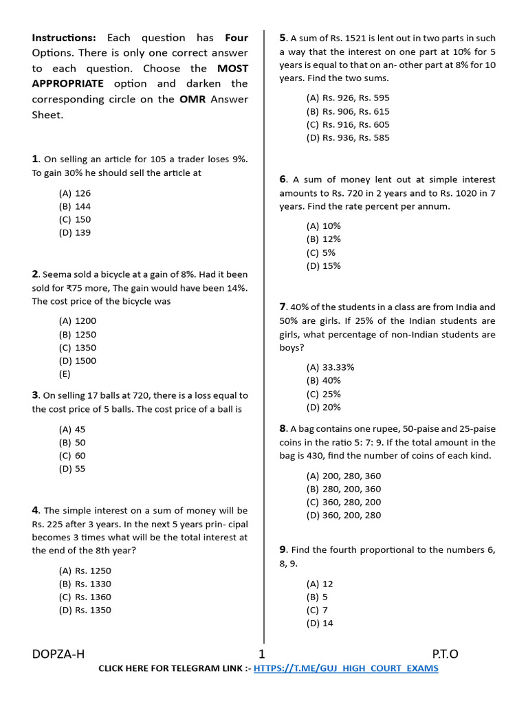 Percentage Mock Test Questions | PDF | Interest | Percentage