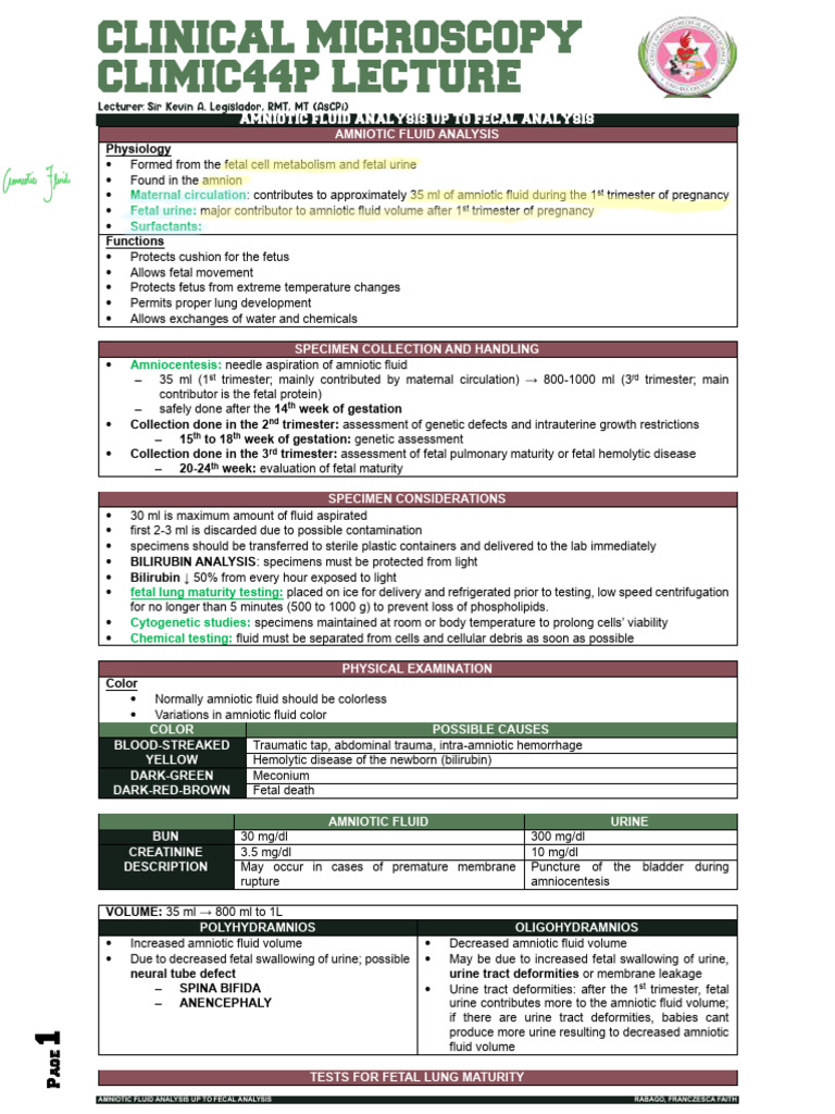 Amniotic Fluid Characteristics and Analysis | PDF | Staining | Stomach