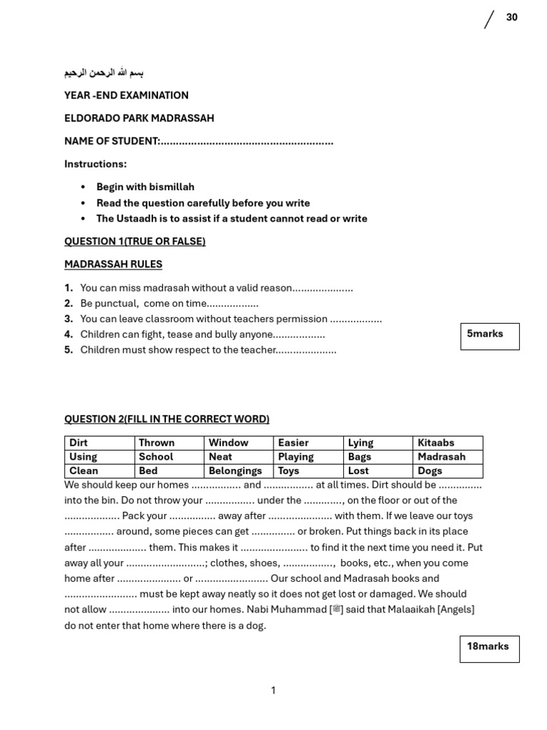 Madrassah Year-End Exam Guidelines | PDF