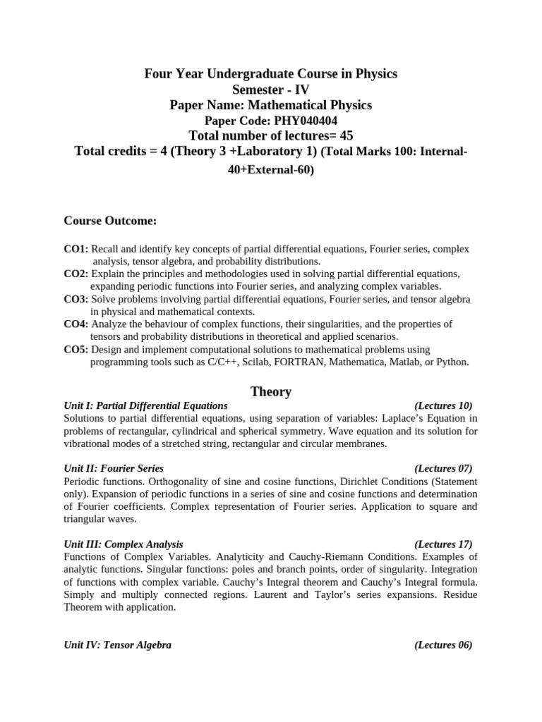 PHY040404 Mathematical Physics | PDF | Fourier Series | Equations