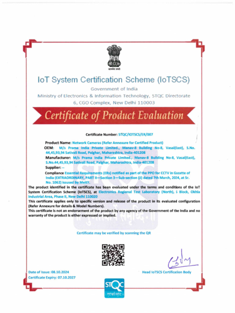 STQC Certification for Prama Cameras | PDF | System On A Chip | Computing