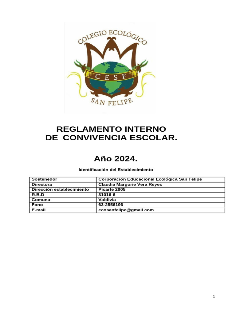 Reglamento Interno de Convivencia Escolar 2024 | PDF | Educación de la ...