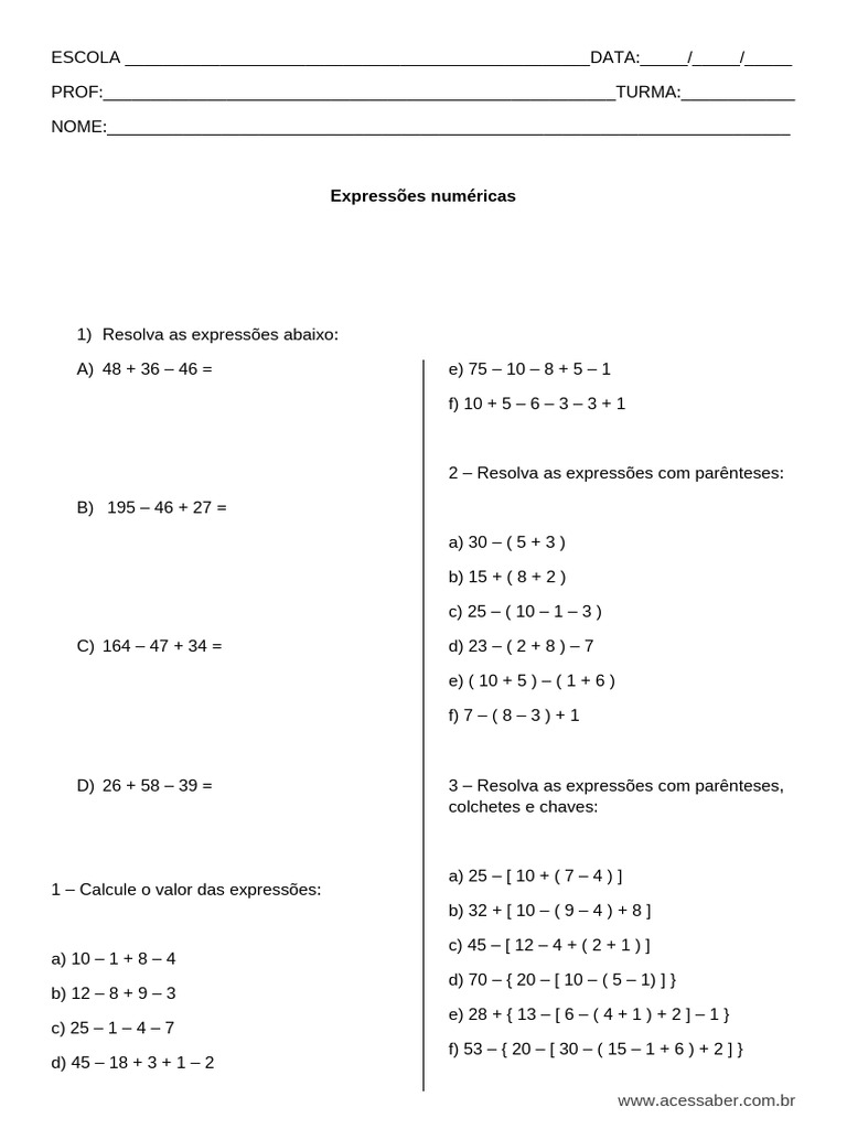 Atividades de Expressões Numéricas 4º Ano | PDF