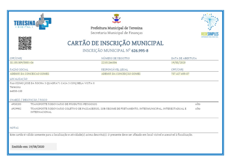 Cartão de Inscrição Municipal Teresina | PDF