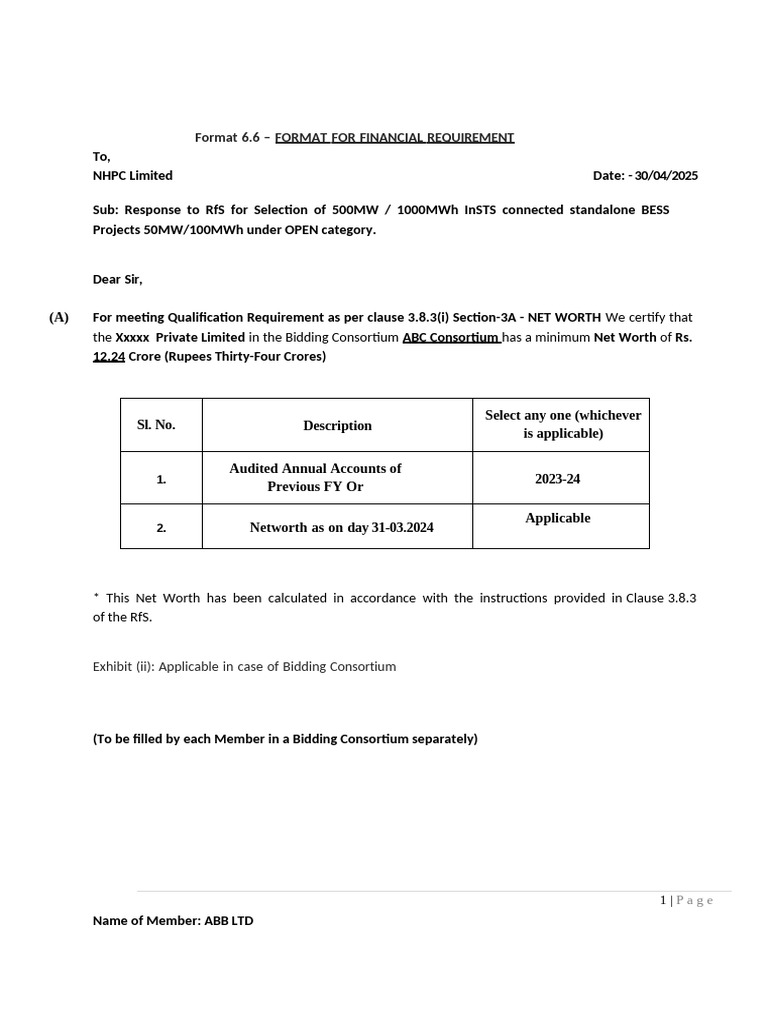 Format 6.6 - FORMAT FOR FINANCIAL REQUIREMENT For Applying Tender | PDF ...