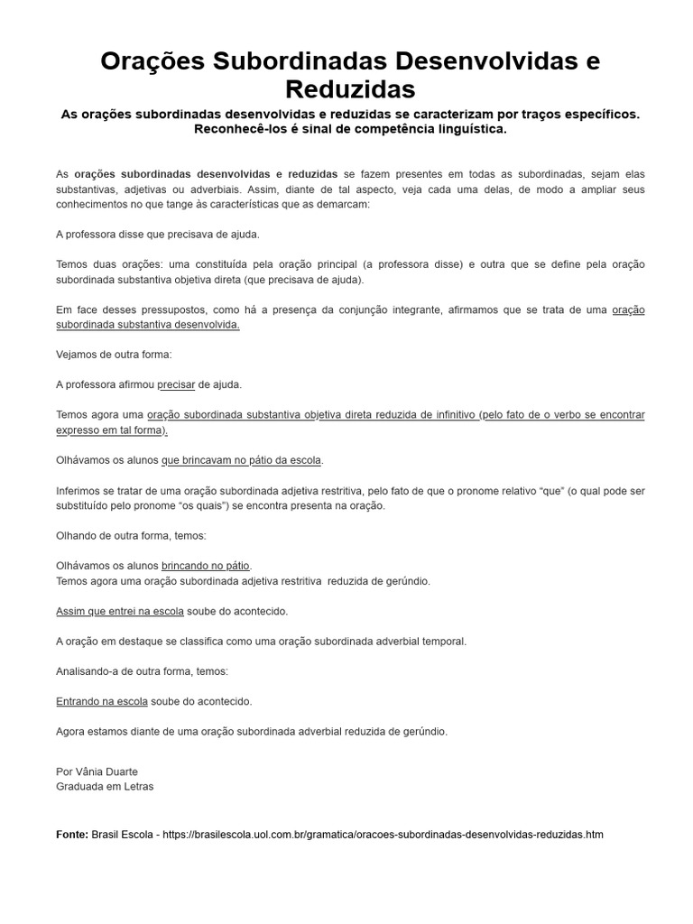 Orações Subordinadas Desenvolvidas e Reduzidas - Brasil Escola | PDF