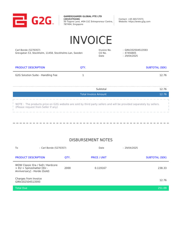 Invoice for G2G Solution Suite Services | PDF