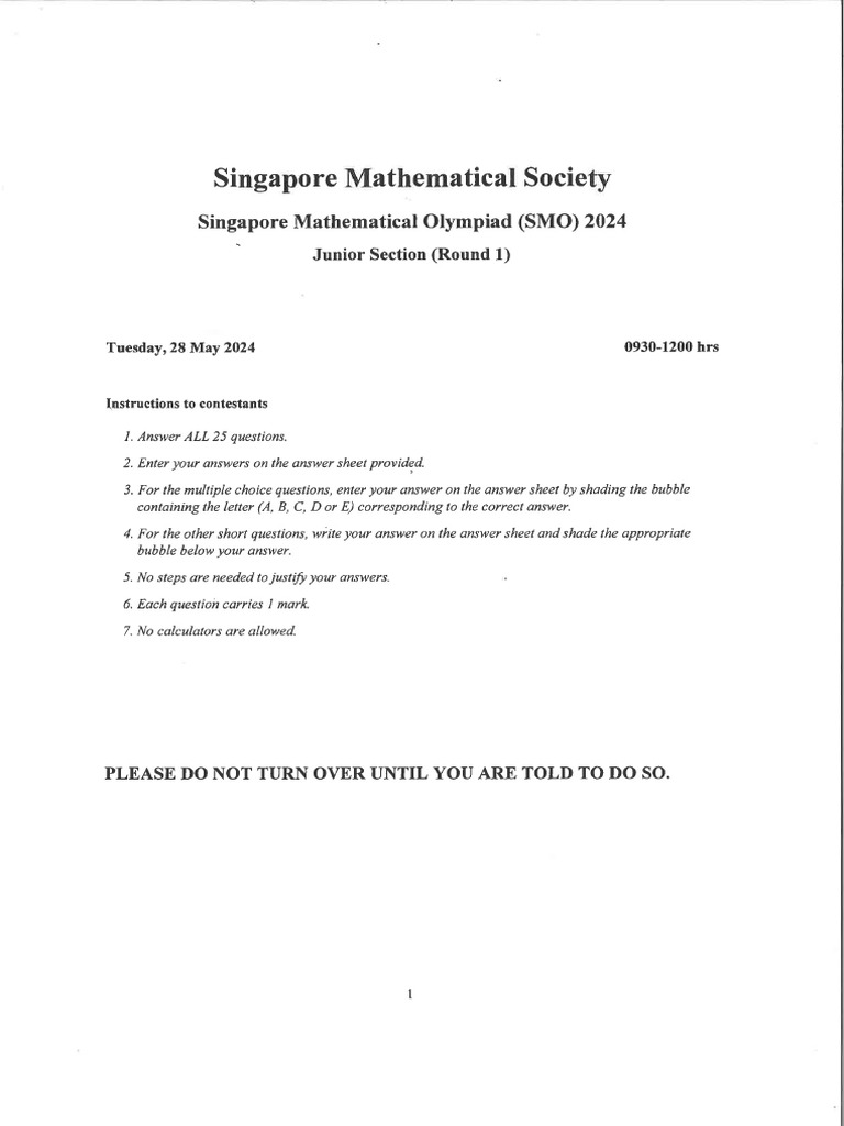 Junior Section - First Round - SMO Singapore Mathematical Olympiad 2024 ...