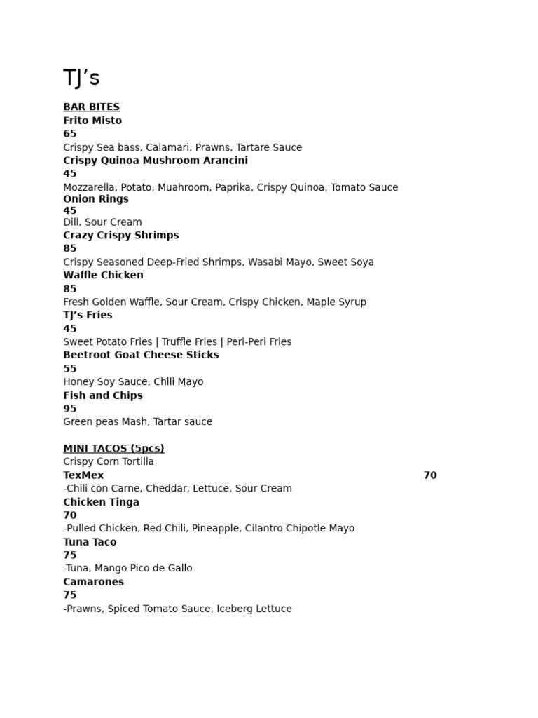 TJ's Bar Bites Menu: Appetizers & More | PDF | Sauce | Salad