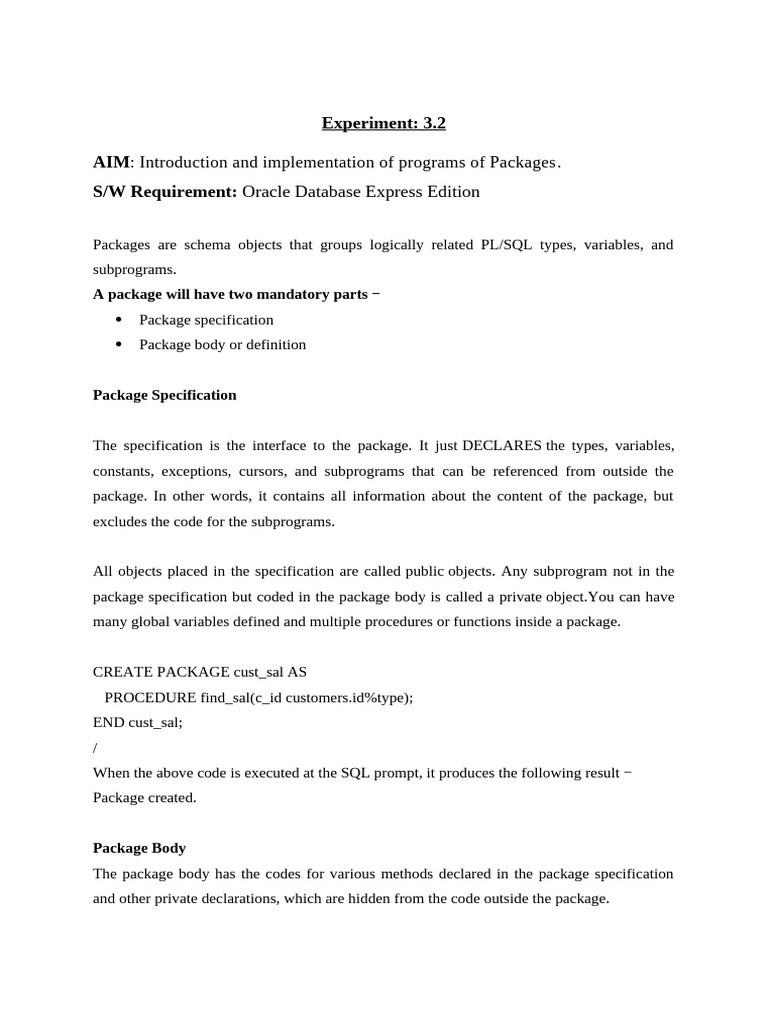 PL/SQL Package Creation Guide | PDF | Pl/Sql | Software Development