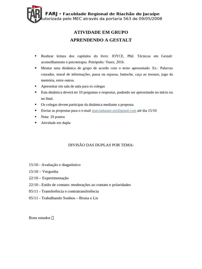 Dinâmica de Grupo em Gestalt na FARJ | PDF