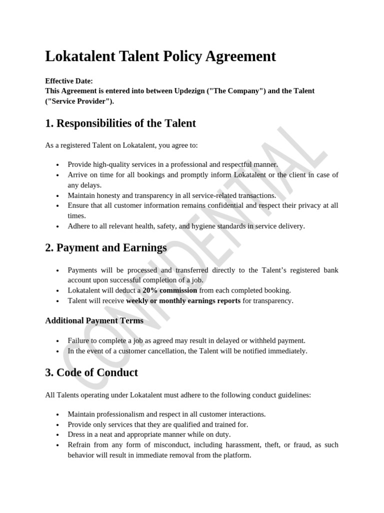 Lokatalent Talent Policy Agreement | PDF