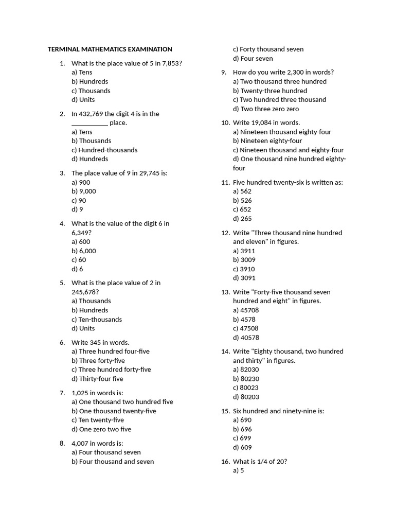 Terminal Mathematics Examination Guide | PDF | Numbers | Elementary ...