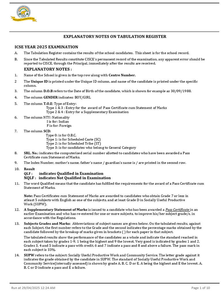 ICSE 2025 Tabulation Register Overview | PDF | Languages Of India ...
