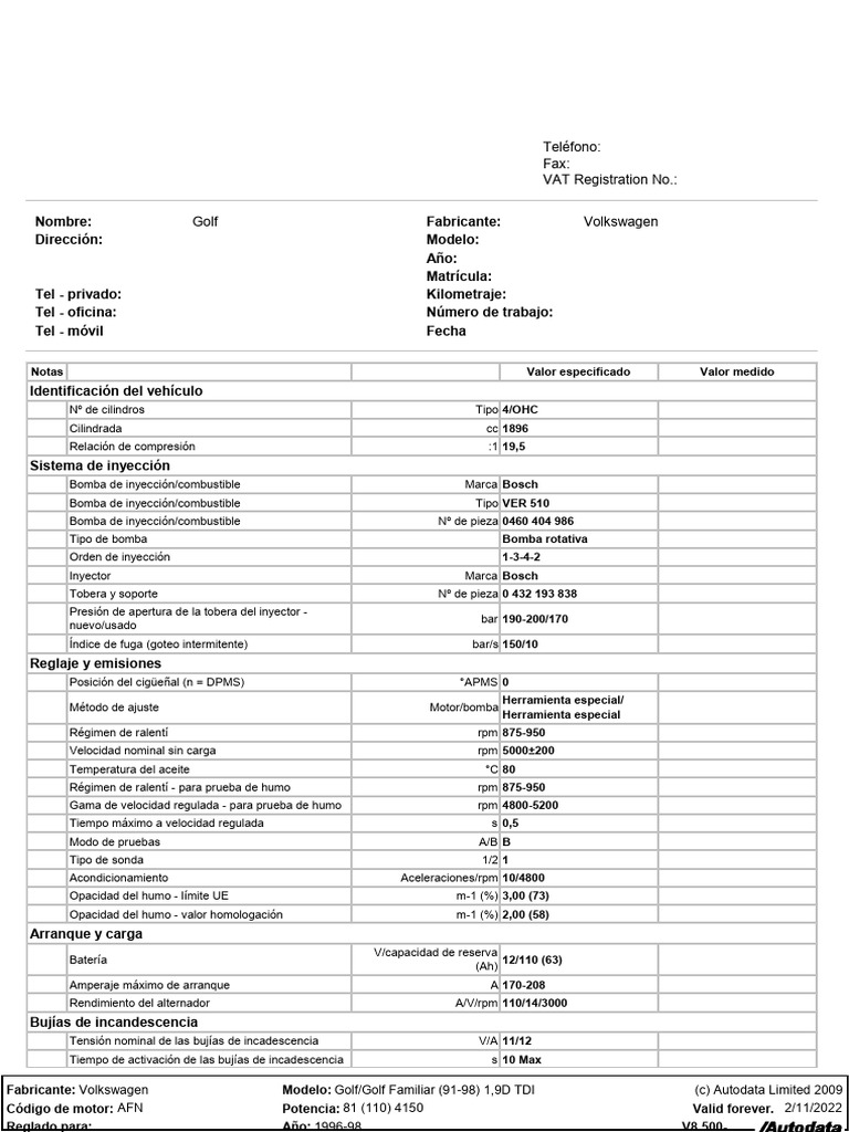 Especificaciones VW Golf 1.9D TDI AFN | PDF | Inyección de combustible ...