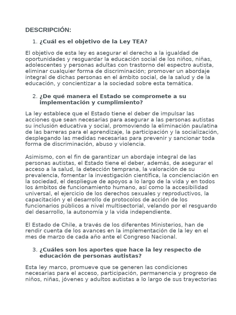 Ley TEA: Inclusión y Educación Autista | PDF | Autismo | Inclusión ...