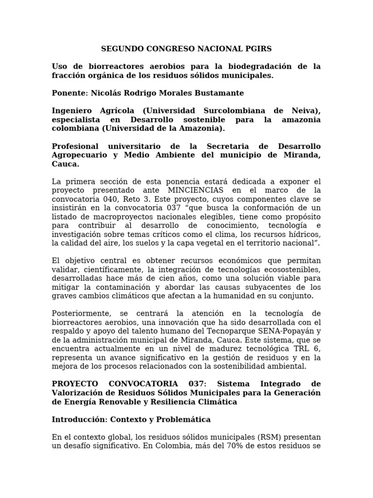 PONENCIA SEGUNDO CONGRESO NACIONAL Uso de Biorreactores Aerobios | PDF ...