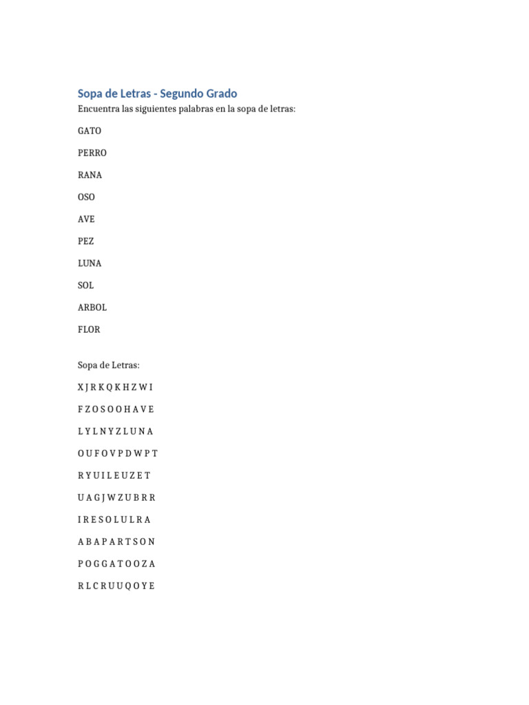 Sopa de Letras para Segundo Grado | PDF