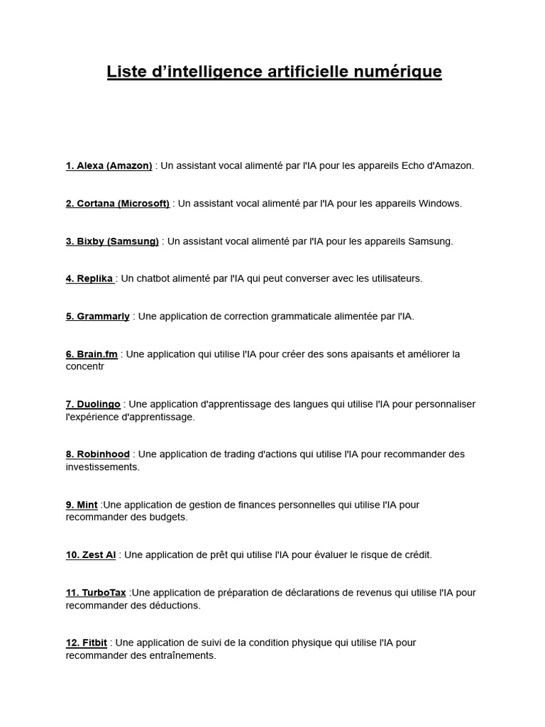 Liste d'applications d'IA numériques | PDF | Intelligence artificielle ...