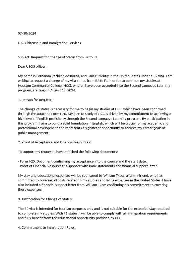 B2 to F1 Visa Status Change Request | PDF | United States Citizenship ...