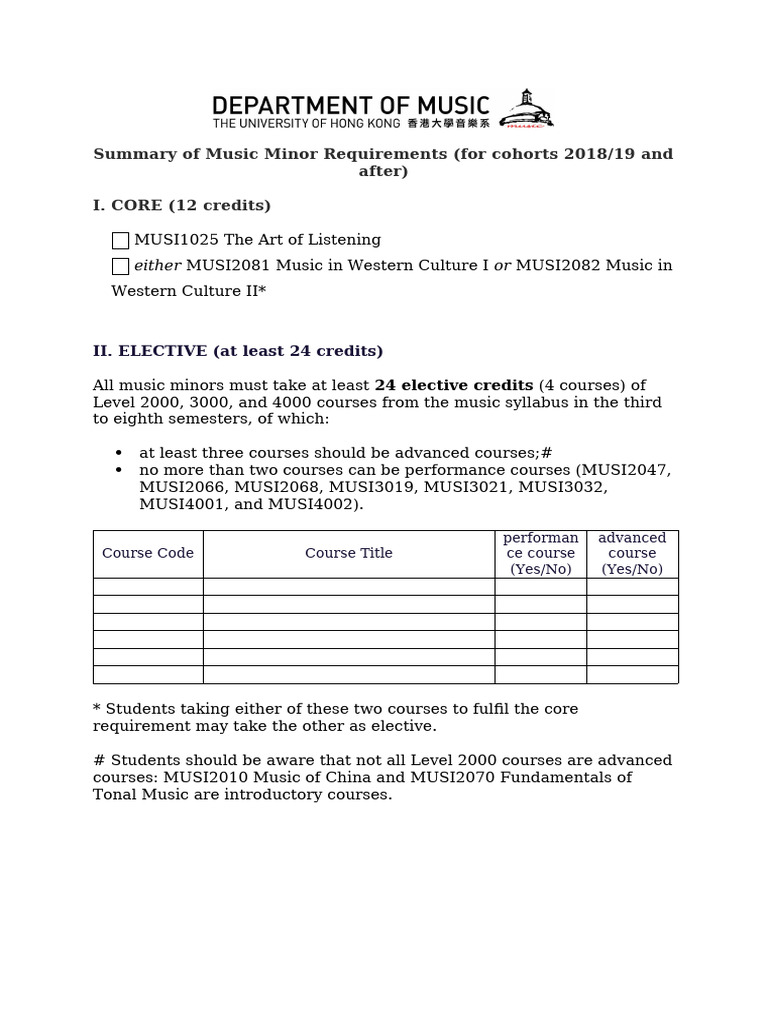 Summary of Music Minor Requirements - Jan2021 | PDF