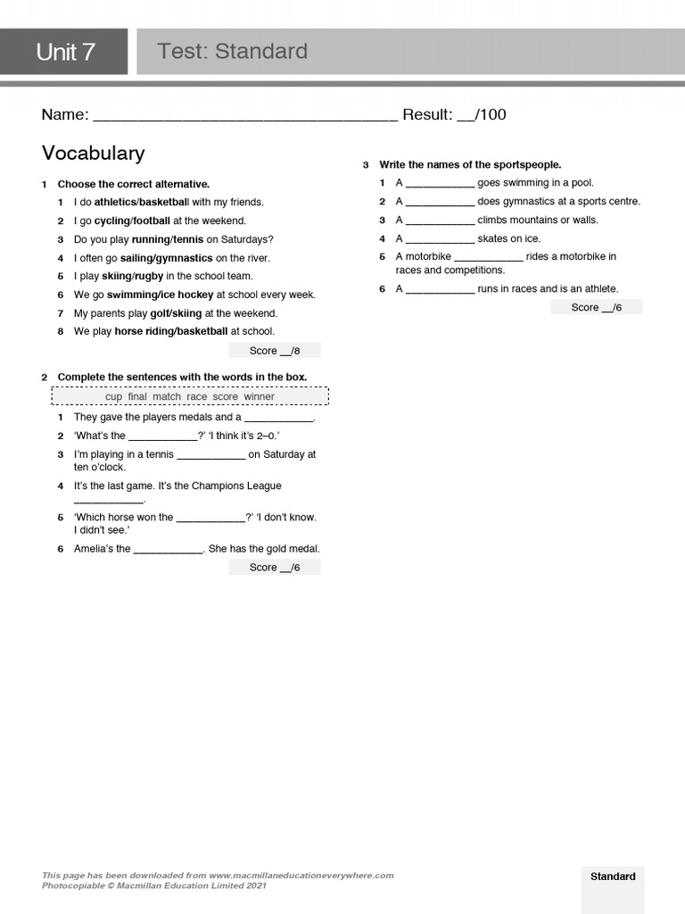 Standard Sports Test Unit 7 | PDF | Sports