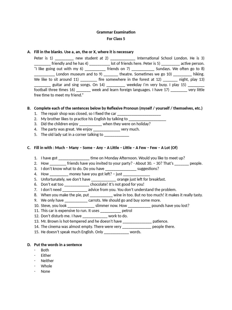 Class 5 Grammar Exam Practice | PDF | Linguistics | Grammar