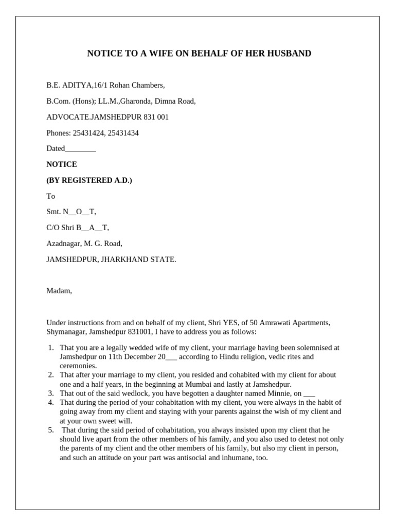 Divorce Notice to Wife for Cohabitation | PDF | Family | Marriage