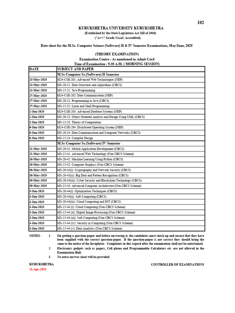 M.Sc Computer Science Exam Dates 2025 | PDF | Computer Programming ...