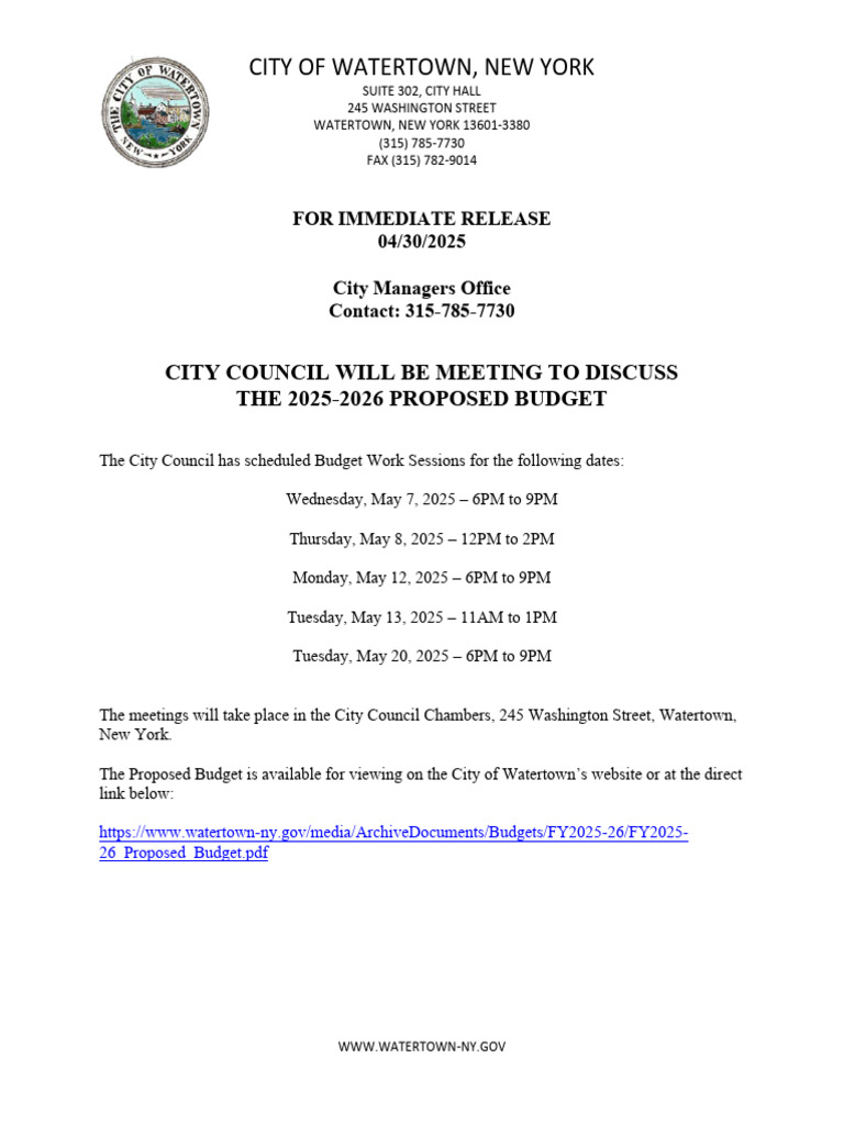 2025-2026 Scheduled Watertown City Council Budget Work Session Dates | PDF