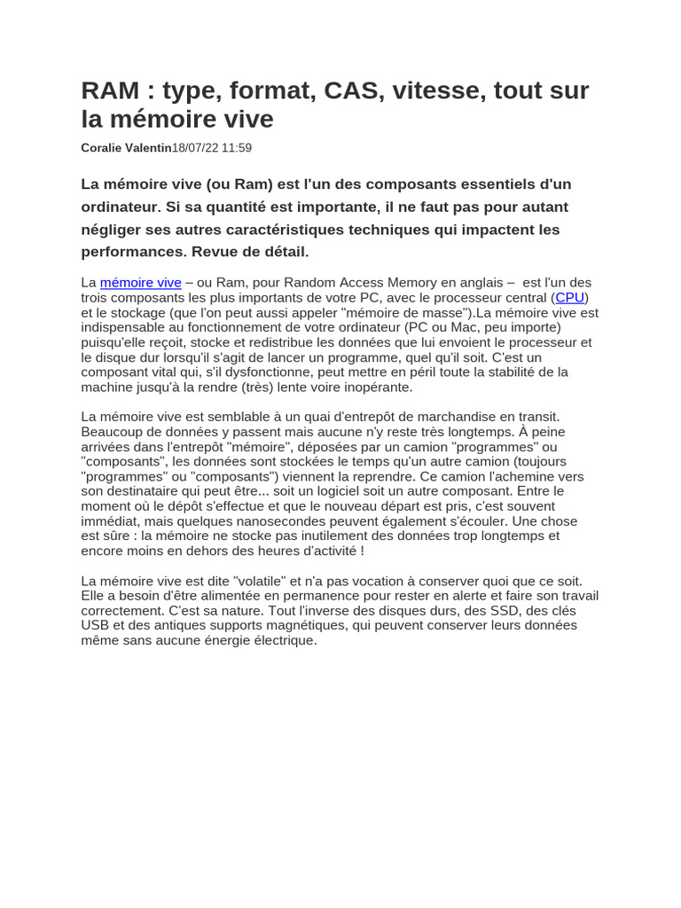 Tout sur la mémoire RAM en informatique | PDF | Mémoire vive | Informatique