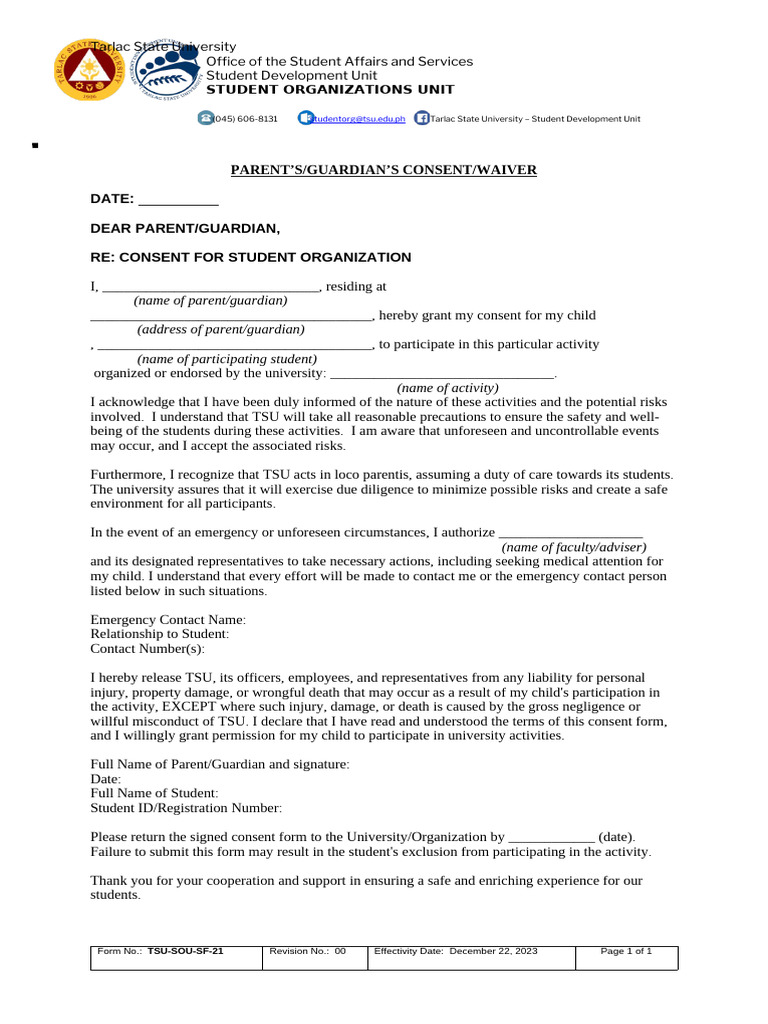 TSU Student Activity Consent Form | PDF | Informed Consent | Civil Law ...