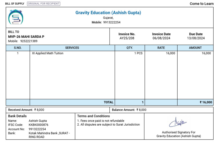 MVP 26 Mahi Sarda P Sales Invoice AY25 208 | PDF