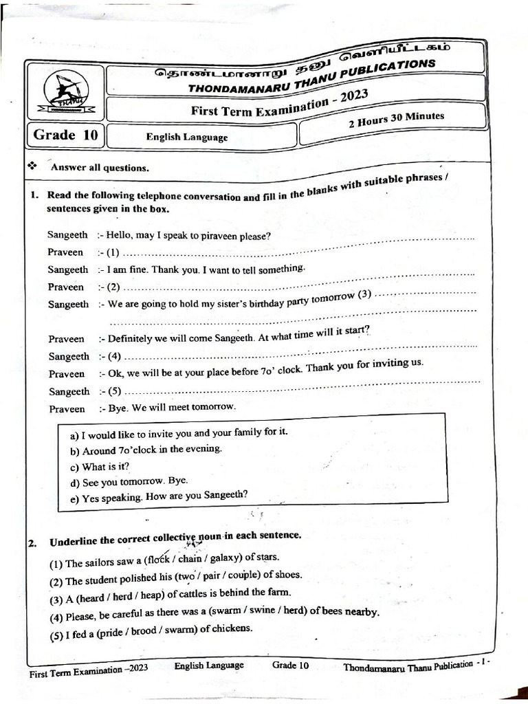 English - Grade 10 - First Term Test 2023 - Thondamannaru | PDF