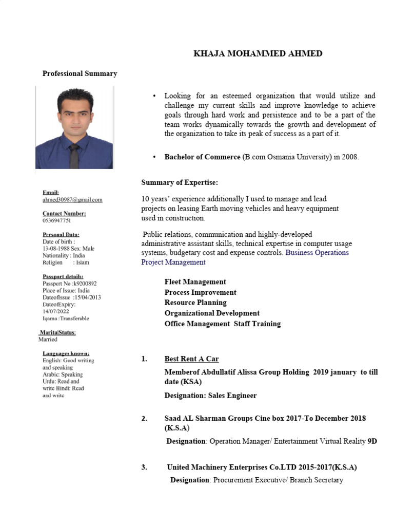 05 - Khaja Mohammed Ahmed CV - Indian - SMD Riyal Motors | PDF | Supply ...