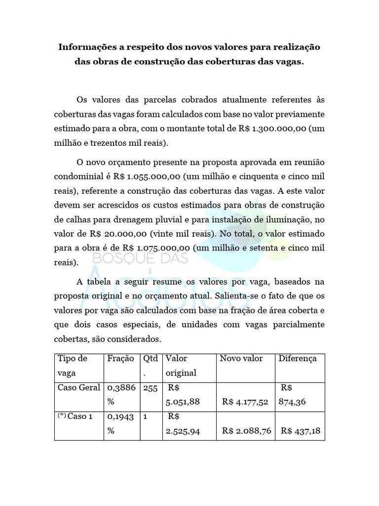 Novos Valores para Coberturas de Vagas | PDF