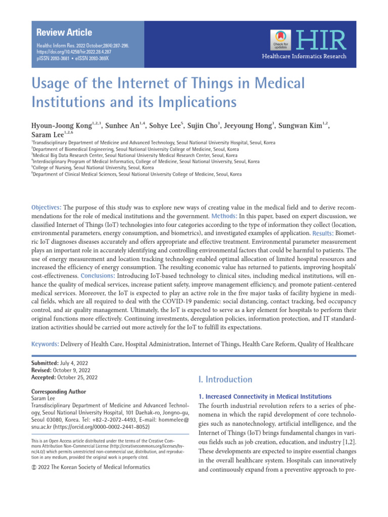 Usage of The Internet of Things in Medical Institutions and Its ...