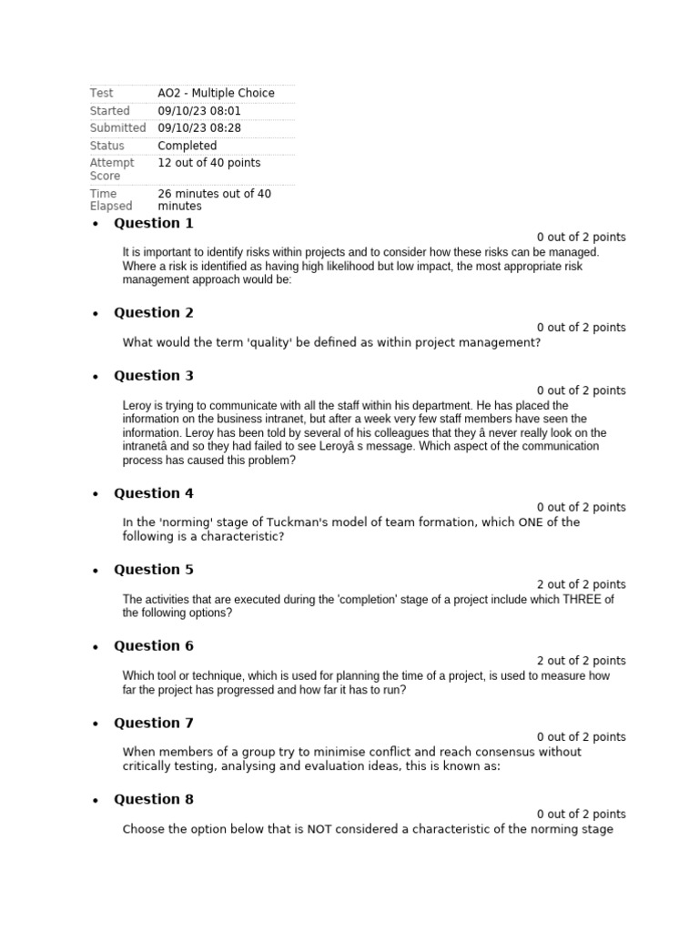 E2 - AO2 - Multiple Choice | PDF | Risk