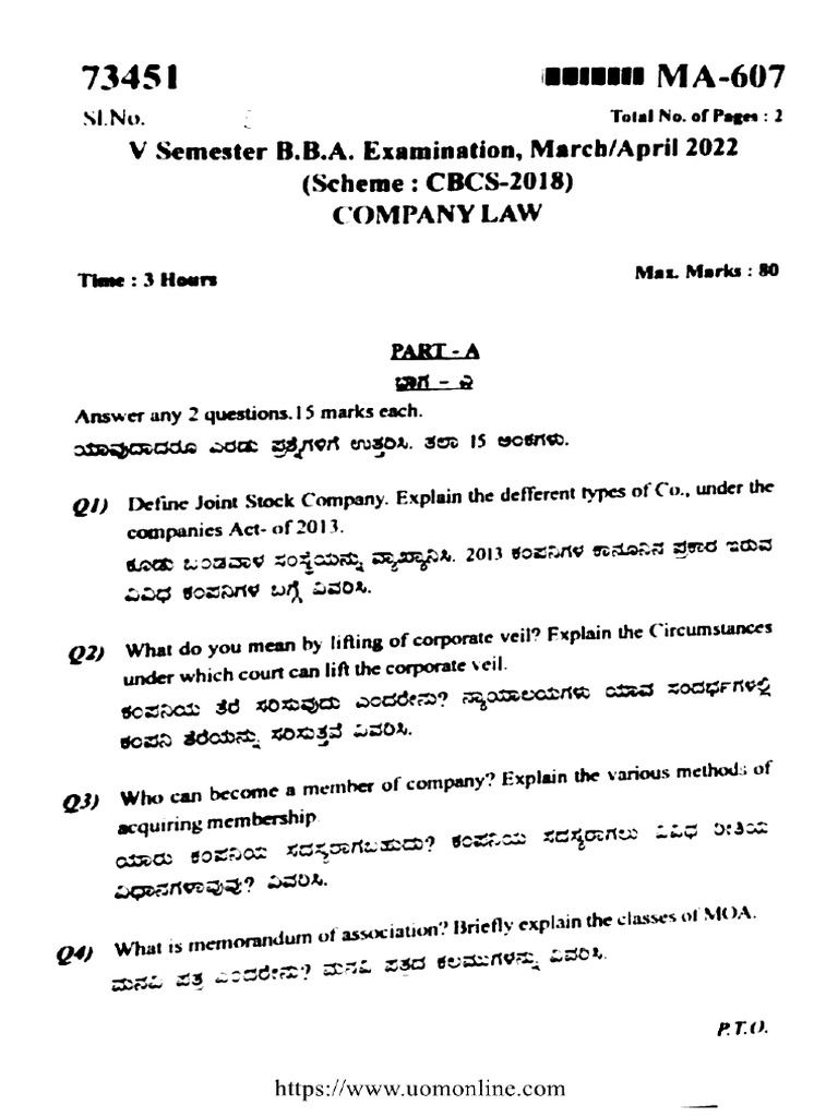 Bba 5 Sem Company Law Ma 607 Apr 2022 | PDF
