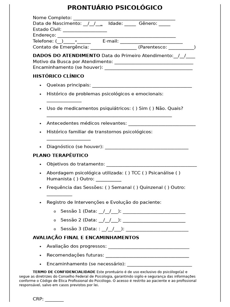 Modelo de Prontuário Psicológico | PDF | Psicologia | Psiquiatria