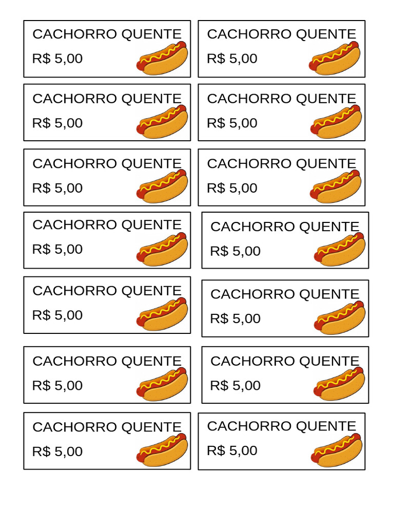 Ficha de Cachorro Quente R$ 5,00 | PDF