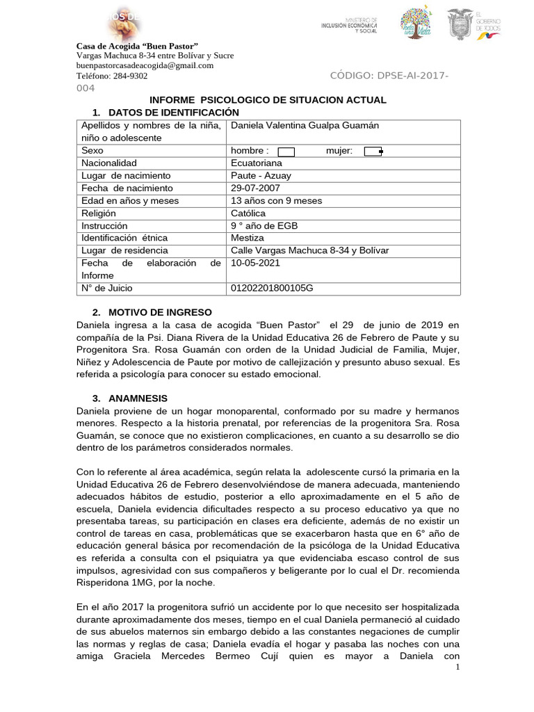 Informe Psicológico de Daniela Gualpa | PDF | Las emociones | Depresión ...