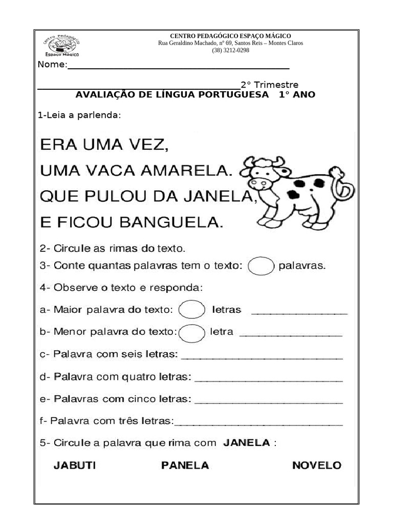 Avaliação de Língua Portuguesa 1º Ano | PDF