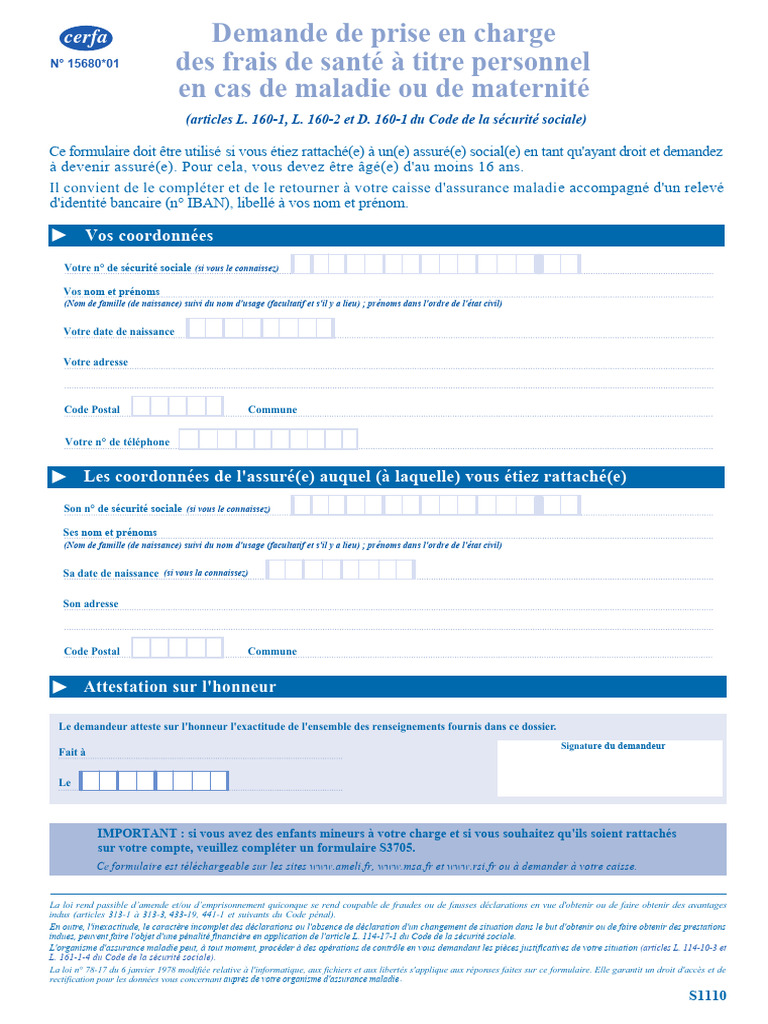 Formulaire S1110 : Demande d'Assurance Maladie | PDF