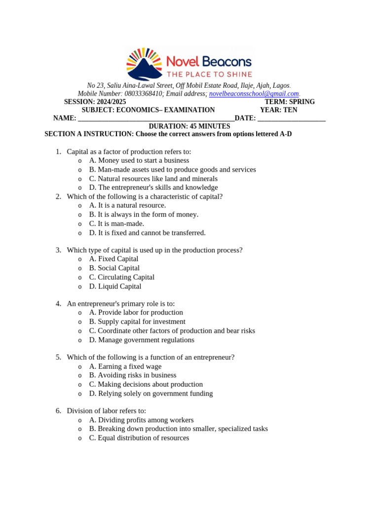 Year 10 Economics Examination Question | PDF | Economies Of Scale | Labour  Economics